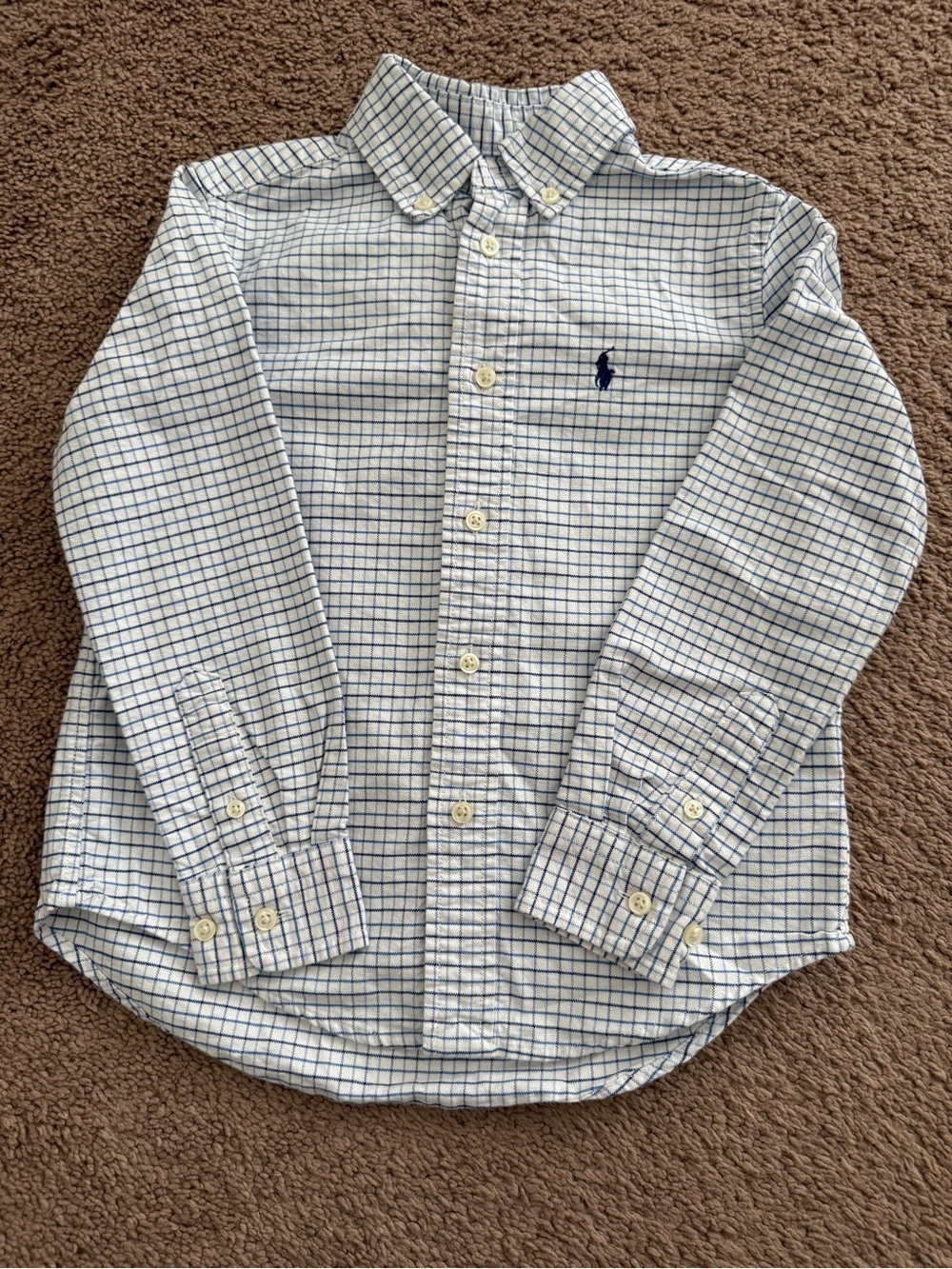 Boy’s Ralph Lauren White Button-Down Shirt with Blue Windowpane Plaid